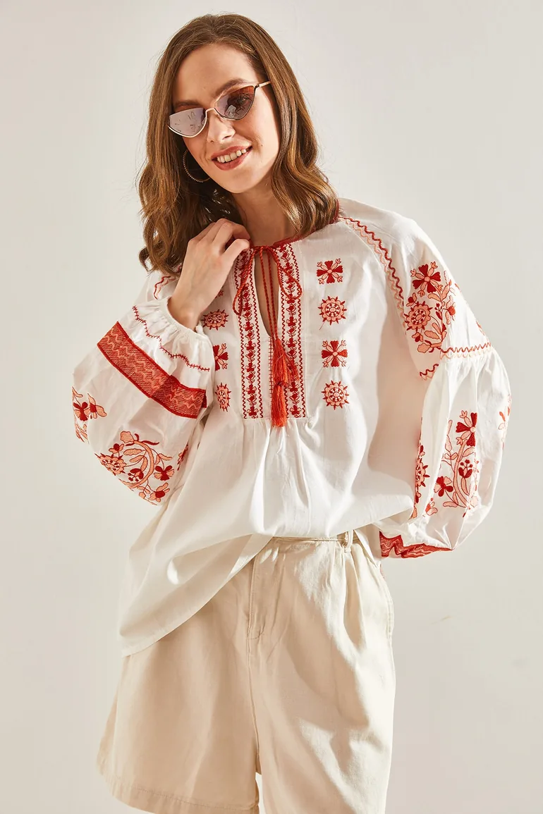 Women's Embroidered Patterned Tie Blouse - 5