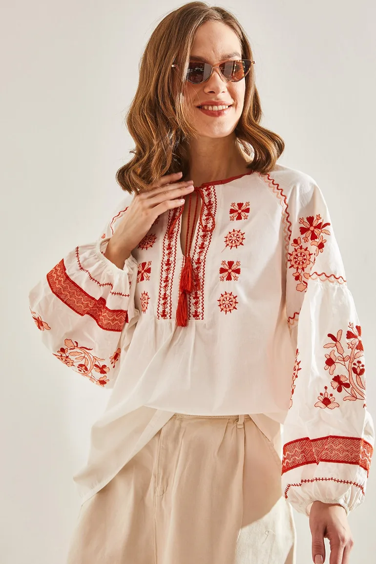 Women's Embroidered Patterned Tie Blouse - 6