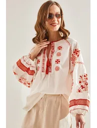 Women's Embroidered Patterned Tie Blouse - 6