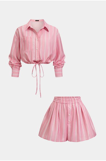 Stripes Print Lapel Long Sleeve Shirt And Wide Leg Shorts Set