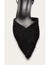 Black Textured Mesh Slingback Court Heels - 4