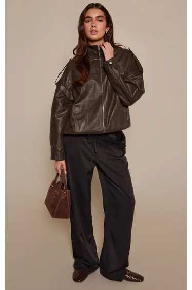 Black Woven Tie Waist Detail Wide Leg Trousers