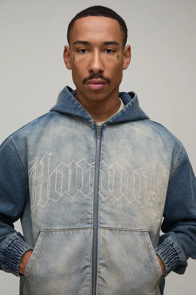 Washed Embroidered Zip Up Denim Co-Ord Hoodie - antique blue - 2