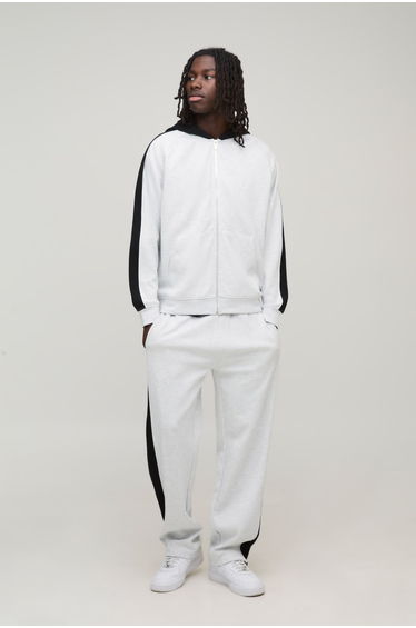 Oversized Panel Zip Through Hoodie & Relaxed Jogger Tracksuit - grey marl