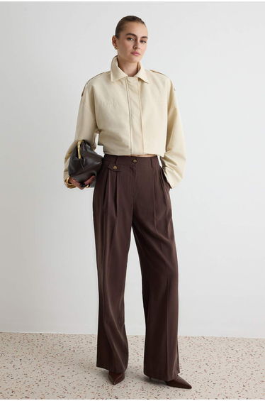 Dark Brown Pocket Detailed Wide Leg Soft Fabric Trousers