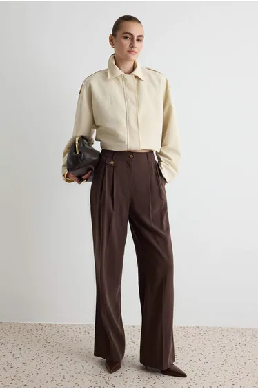 Dark Brown Pocket Detailed Wide Leg Soft Fabric Trousers