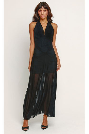 Black Sheer Mesh Halter Maxi Dress