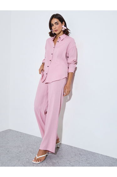 oversize fit long length shirt with shirt collar and wide leg pants modest set