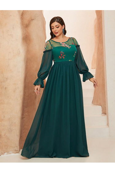 Leely Plus Women's Elegant Round Neck Bishop Sleeve Party Dresses