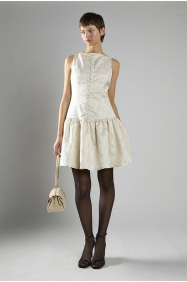 Cream Brocade Sleeveless Button-Front A-Line Dress