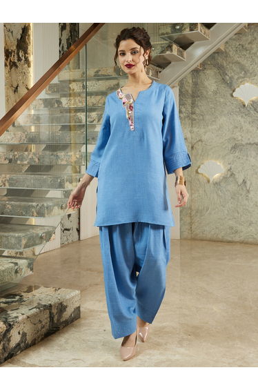 Blue Bead Longline Tunic and Farshi Salwar Co-ords