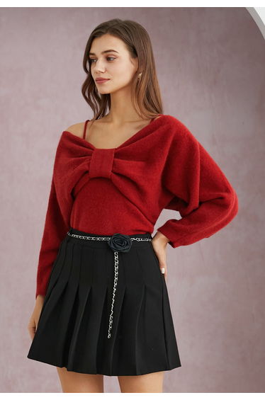 Mesmerizing Bowknot Cami Top and Sweater Set in Red
