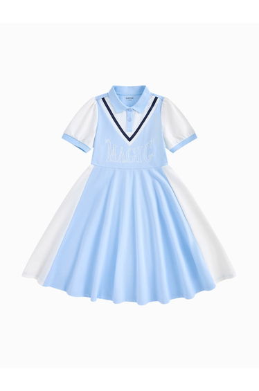 Girls' Short Sleeve Flowy Dress - Colored Details With Front Print And Neck Buttons