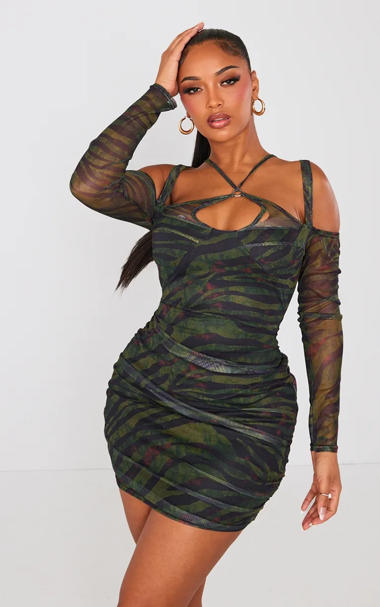 green tiger dress Sexy Tiger Print Midi Dress - Green Print Dress - Satin Dress