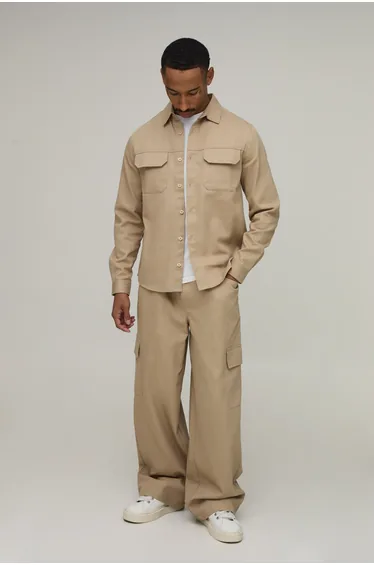 Regular Shirt & Straight Fit Cargo Trouser Set - stone