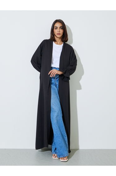 Black Solid Frill Sleeves Front Open Abaya