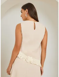 Beige Sleeveless Top with Fringe Detail - 3