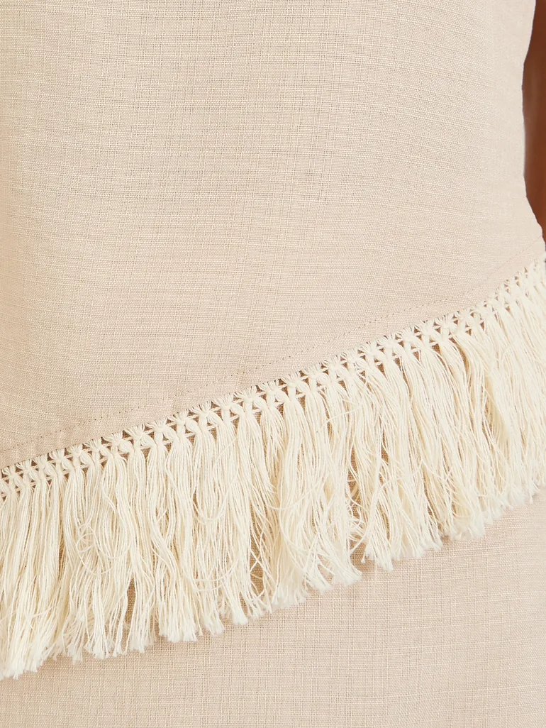 Beige Sleeveless Top with Fringe Detail - 2