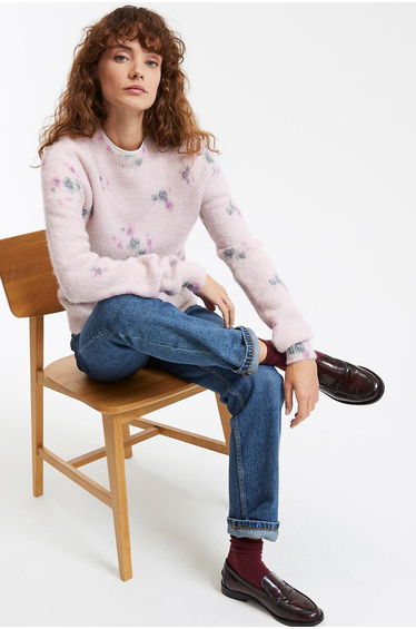 Floral Chunky Knit Jumper/Sweater with Crew Neck in Alpaca Mix