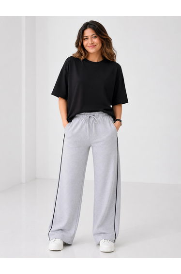 Grey Contrast Piping Wide Leg Joggers
