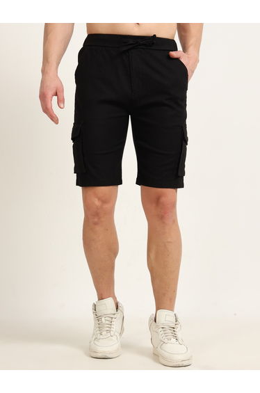 Men Black Cargo Linen Shorts