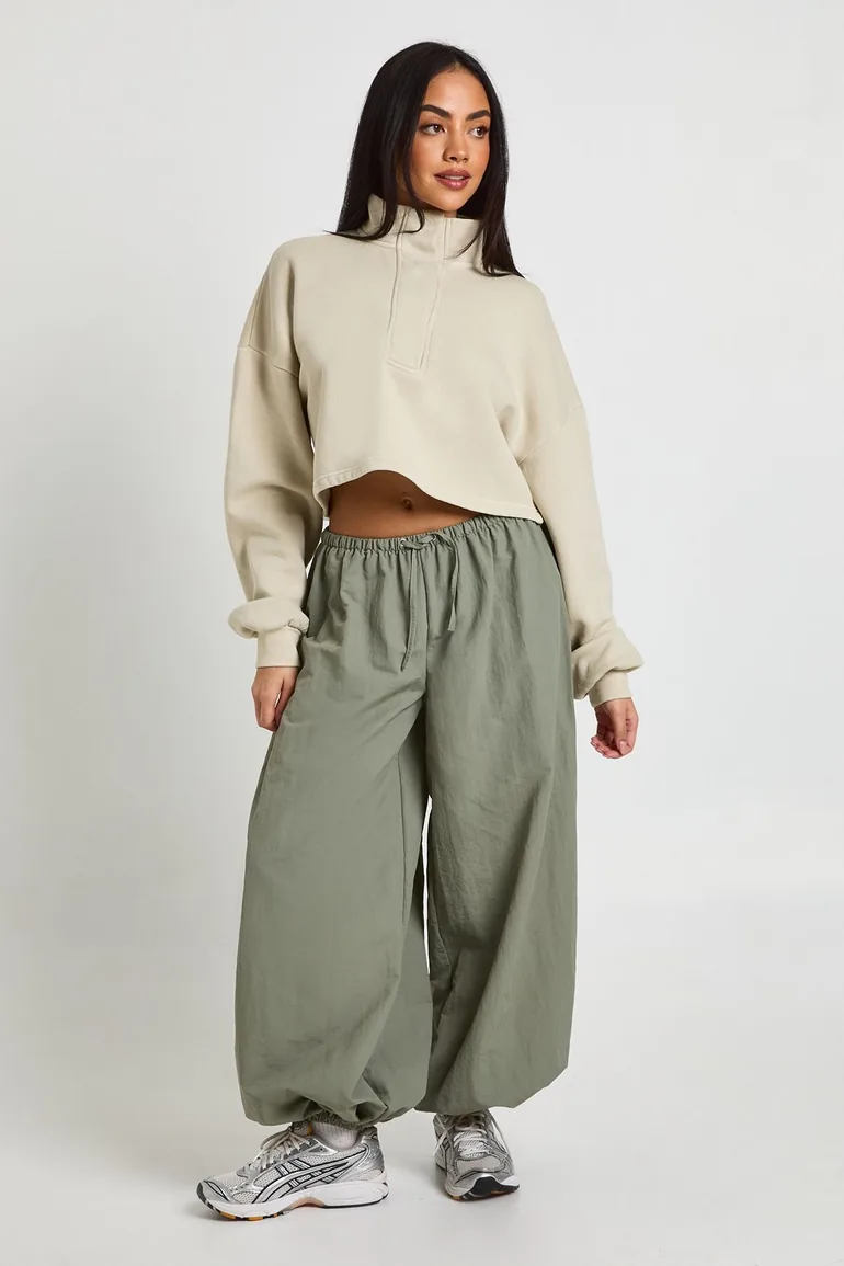 Washed Placket Detail Funnel Neck Cropped Sweatshirt - stone - 2