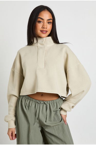 Washed Placket Detail Funnel Neck Cropped Sweatshirt - stone
