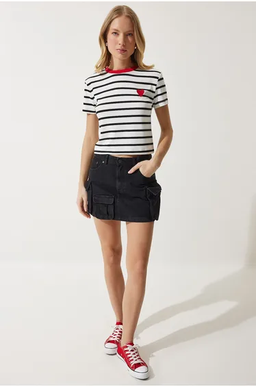 Women's White Heart Embroidered Striped Cotton Knitted T-Shirt