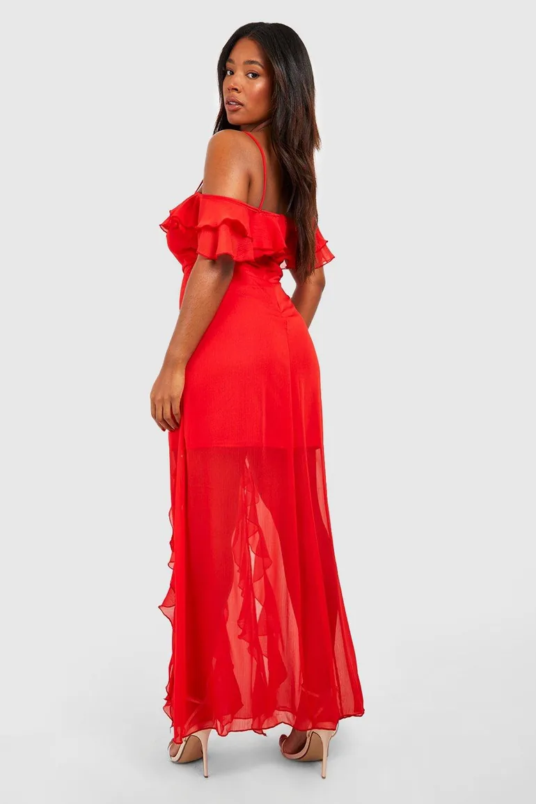 Plus Ruffle Cold Shoulder Maxi Dress - red - 2
