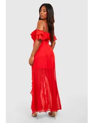 Plus Ruffle Cold Shoulder Maxi Dress - red - 2