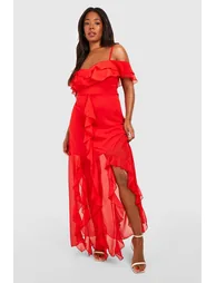 Plus Ruffle Cold Shoulder Maxi Dress - red