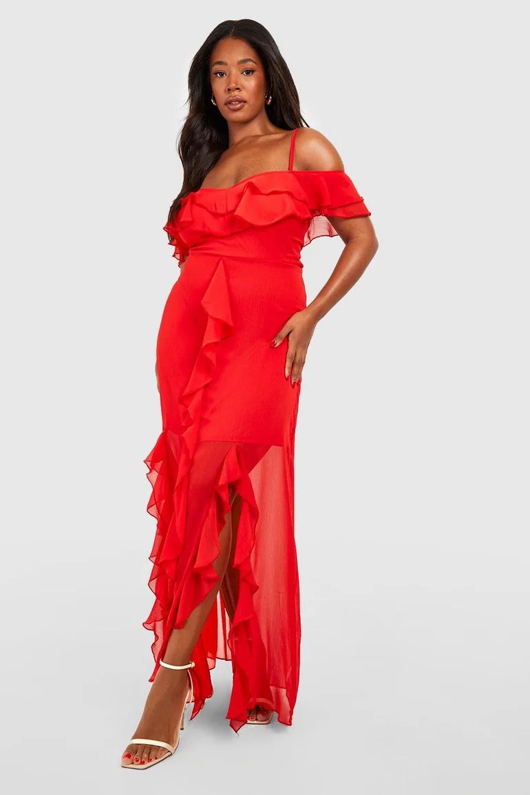 Plus Ruffle Cold Shoulder Maxi Dress - red - 1