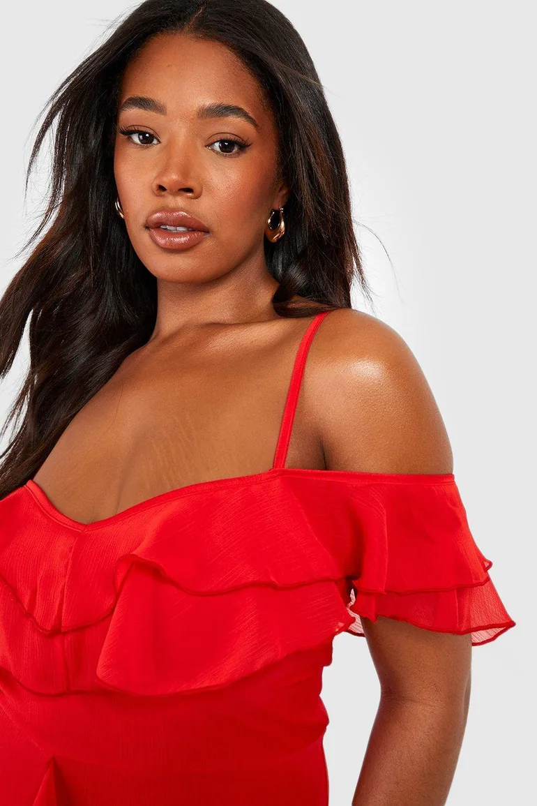 Plus Ruffle Cold Shoulder Maxi Dress - red - 3
