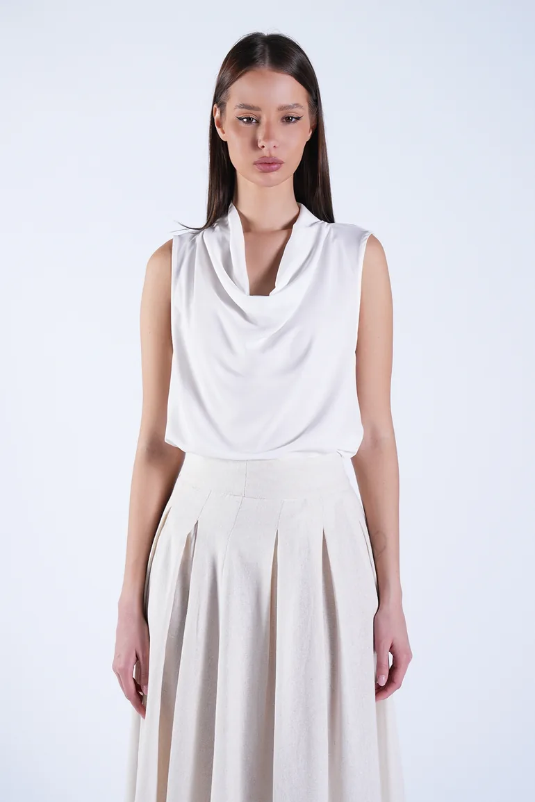 Women's White Degaje Collar Sleeveless Woven Blouse - 1