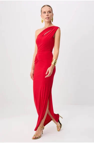 Red Plain Woven Sandy Maxi Evening Dress & Homecoming Dress