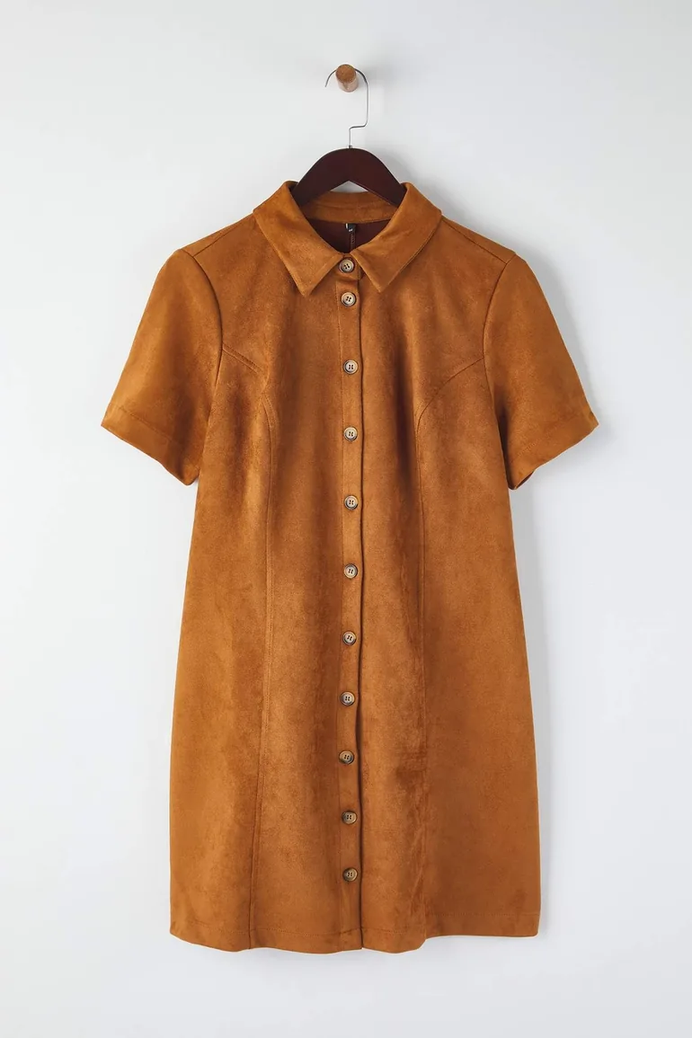plus size brown suede dress Full Size Suede Turtleneck Lantern Sleeve Mini Dress Plus Size Body By J'ne