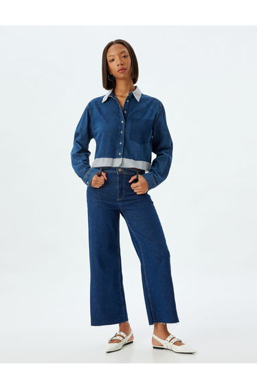 Denim Shirt Crop Long Sleeve Classic Collar Pocket Detail Button Up