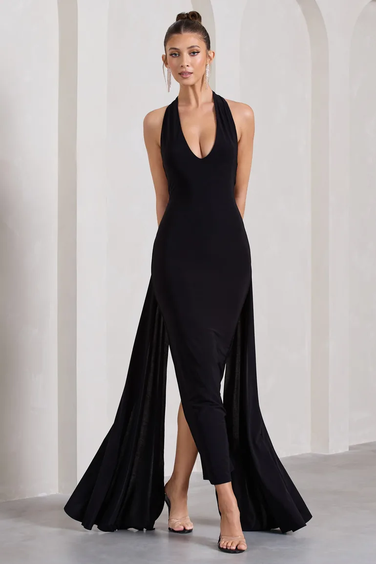black plunge formal dress Cassis Embellished Plunge Neck Mini Dress in Black main image 0