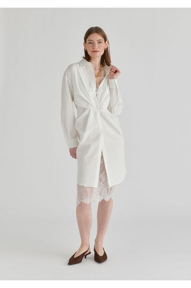 2-Piece Shirt Dress Set with Lace Underlay and Waist Cut Outs