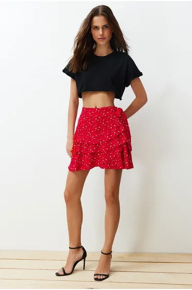 Red Floral Pattern Viscose Mini Short Skirt