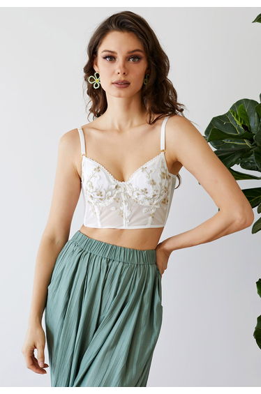 Branch Embroidered Mesh Bra Top in White