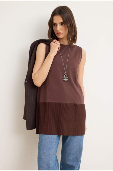 Brown Skirt Pleated Detailed Sleeveless Knitted Undershirt Blouse