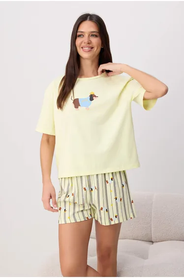 Yellow Dog Patterned Cotton Lycra Soft Touch Knitted Pajamas Set