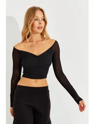Women's Black Sleeve Tulle Crop Blouse - 3