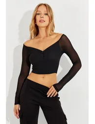 Women's Black Sleeve Tulle Crop Blouse - 4