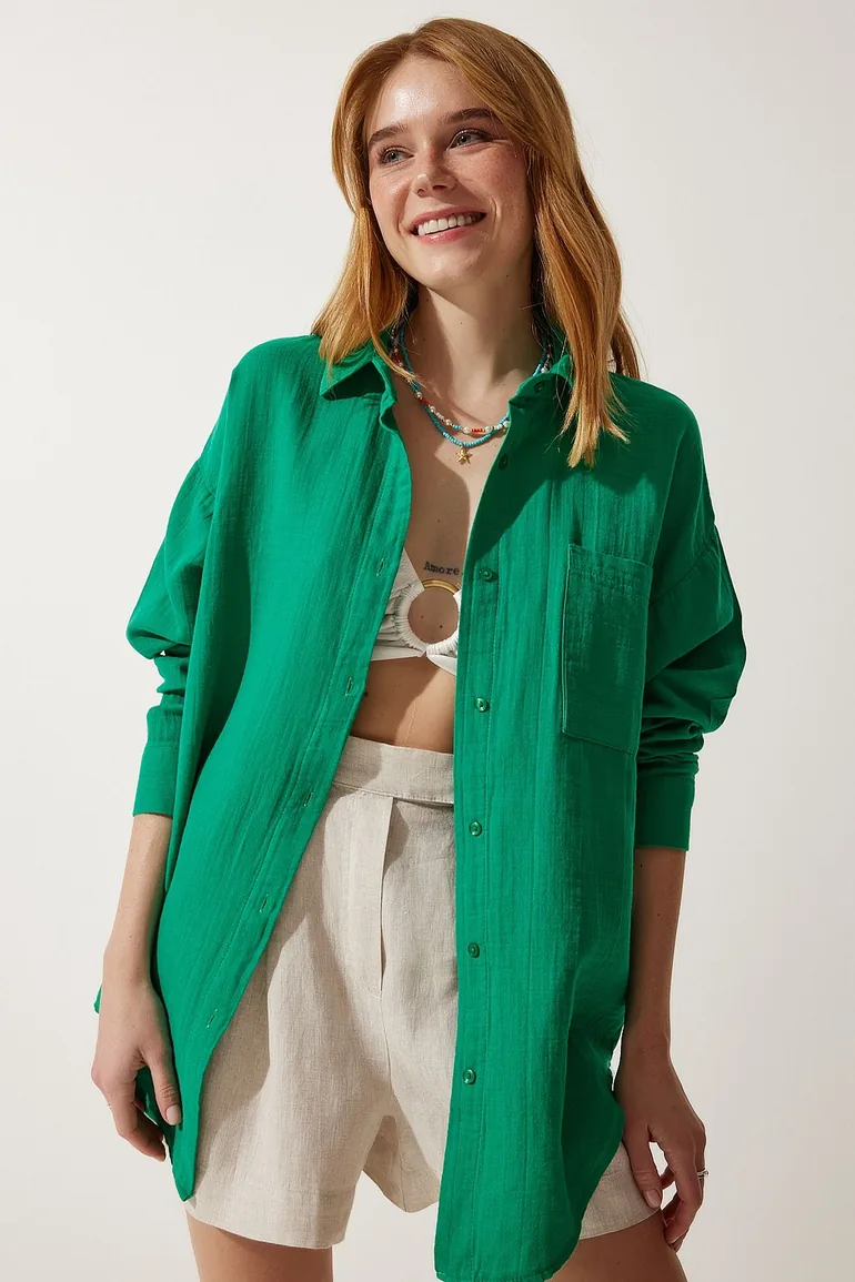 Women's Green Pocket Oversize Muslin Shirt - 1