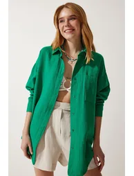 Women's Green Pocket Oversize Muslin Shirt - 1