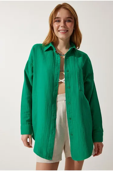 Women's Green Pocket Oversize Muslin Shirt