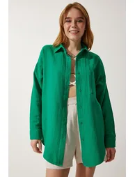 Women's Green Pocket Oversize Muslin Shirt