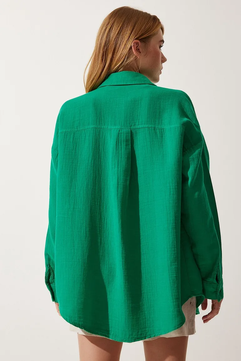 Women's Green Pocket Oversize Muslin Shirt - 4